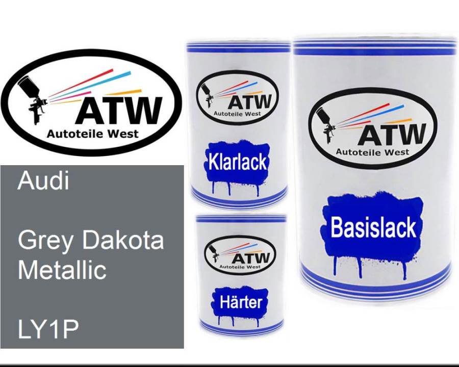 Audi, Grey Dakota Metallic, LY1P: 500ml Lackdose + 500ml Klarlack + 250ml Härter - Set, von ATW Autoteile West.